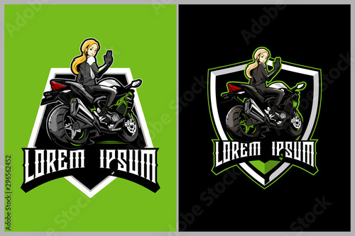 women on sport motorbikes cartoon character vector badge logo template