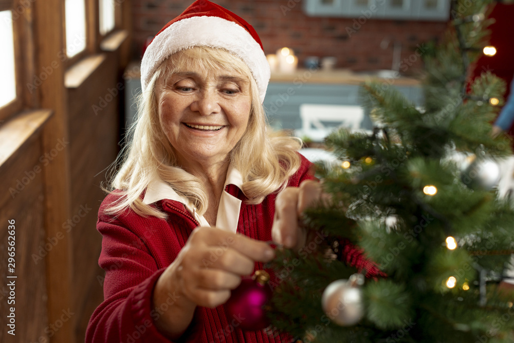 High angle old woman decorating the christmas tree High angle old woman decorating the christmas tree