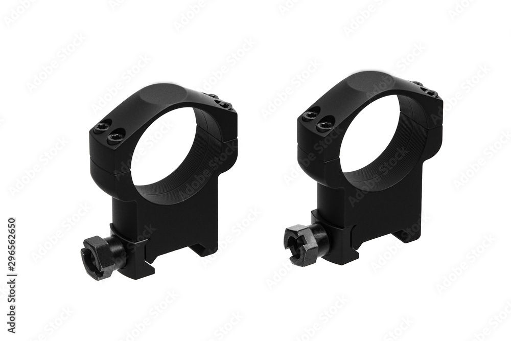 Quick disconnect mount made for holding a scope on a rifle isolated on white back. Quick Release Sniper Cantilever Scope Mount. Quick disconnect mount made for holding a scope on a rifle isolated on white back. Quick Release Sniper Cantilever Scope Mount.