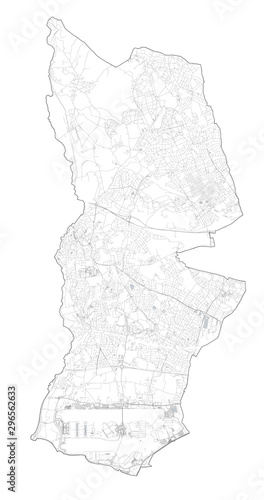 Satellite view of the London boroughs, map and streets of Hillingdon borough. England