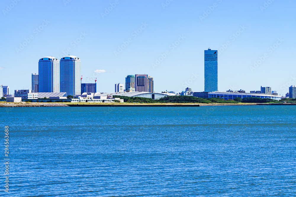 Landscape of Makuhari city in the background of blue sky in Chiba Japan