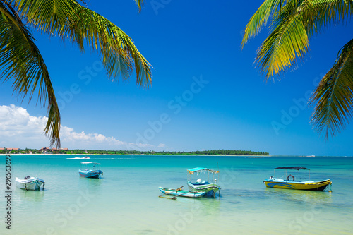 Beach with palm trees and sky. Summer vacation travel holiday background concept.