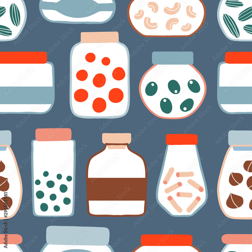 Seamless pattern with colorful doodle preserved food