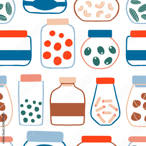 Seamless pattern with colorful doodle preserved food