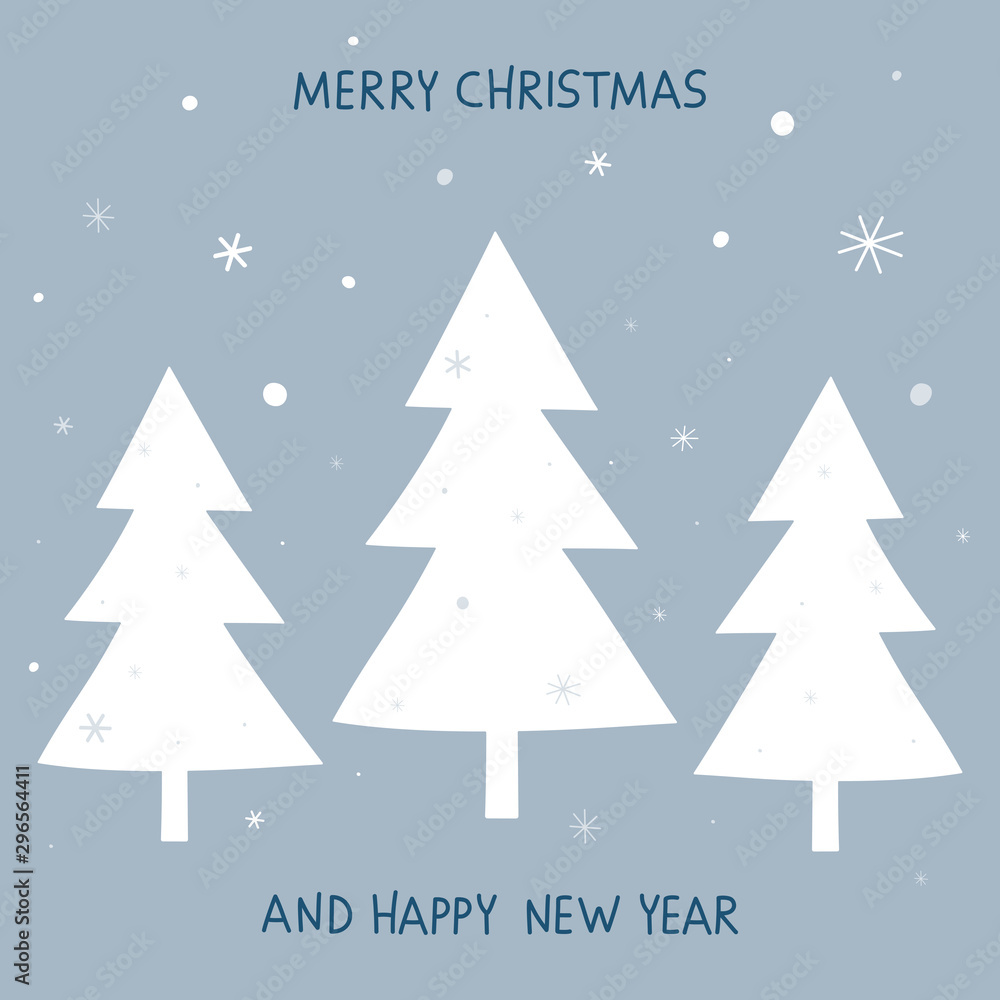 Creative hand drawn card with Christmas trees: Merry Christmas and Happy New Year. Blue and white colors. Vector illustration for winter holidays and Christmas design