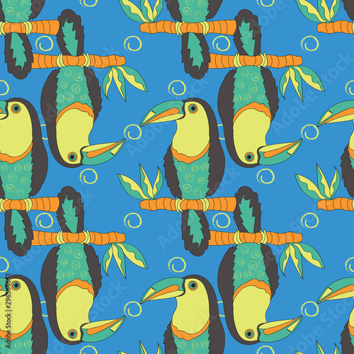 Fototapeta Naklejka Na Ścianę i Meble -  Toucan bird seamless pattern on blue background, vector
