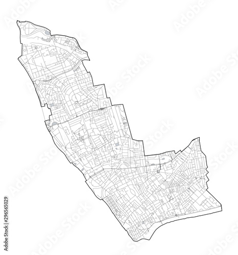 Satellite view of the London boroughs, map and streets of Kensington and Chelsea borough. England