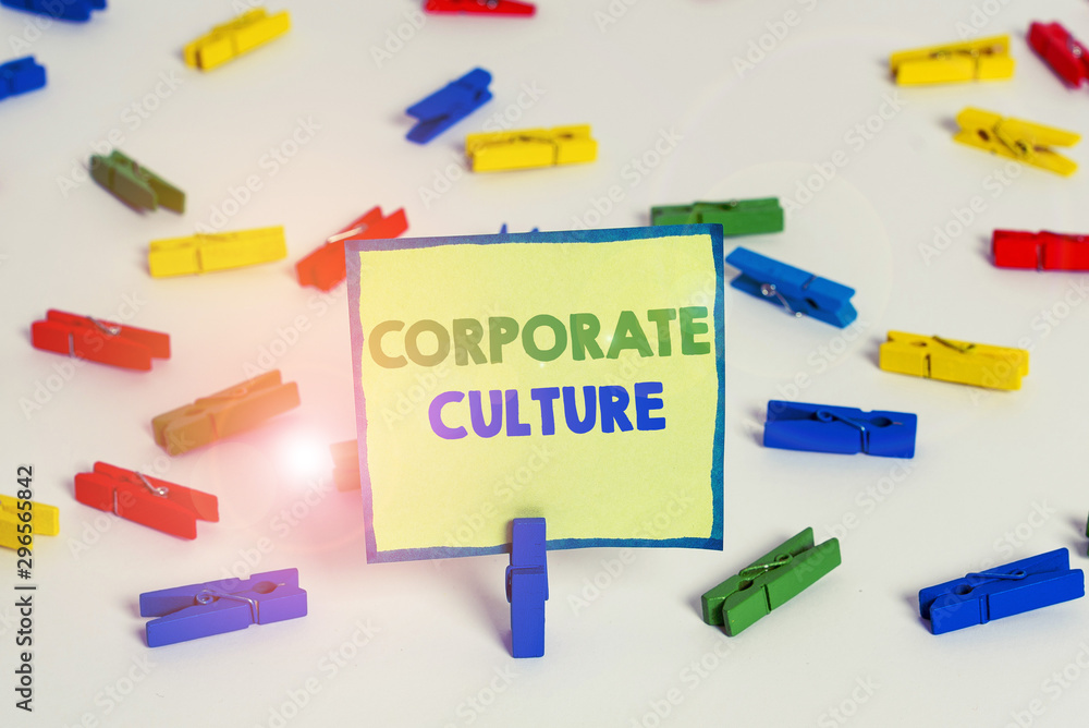 Conceptual hand writing showing Corporate Culture. Concept meaning pervasive values and attitudes that characterize a company Colored clothespin papers empty reminder white floor office Conceptual hand writing showing Corporate Culture. Concept meaning pervasive values and attitudes that characterize a company Colored clothespin papers empty reminder white floor office