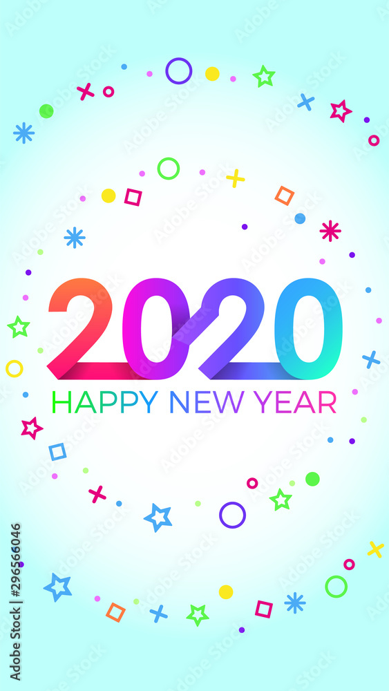 2020 Happy New Year. Paper Memphis geometric bright style for holidays flyers, greetings, invitations, Happy New Year or Merry Christmas cards. Holiday background, poster, banner. Vector Illustration.