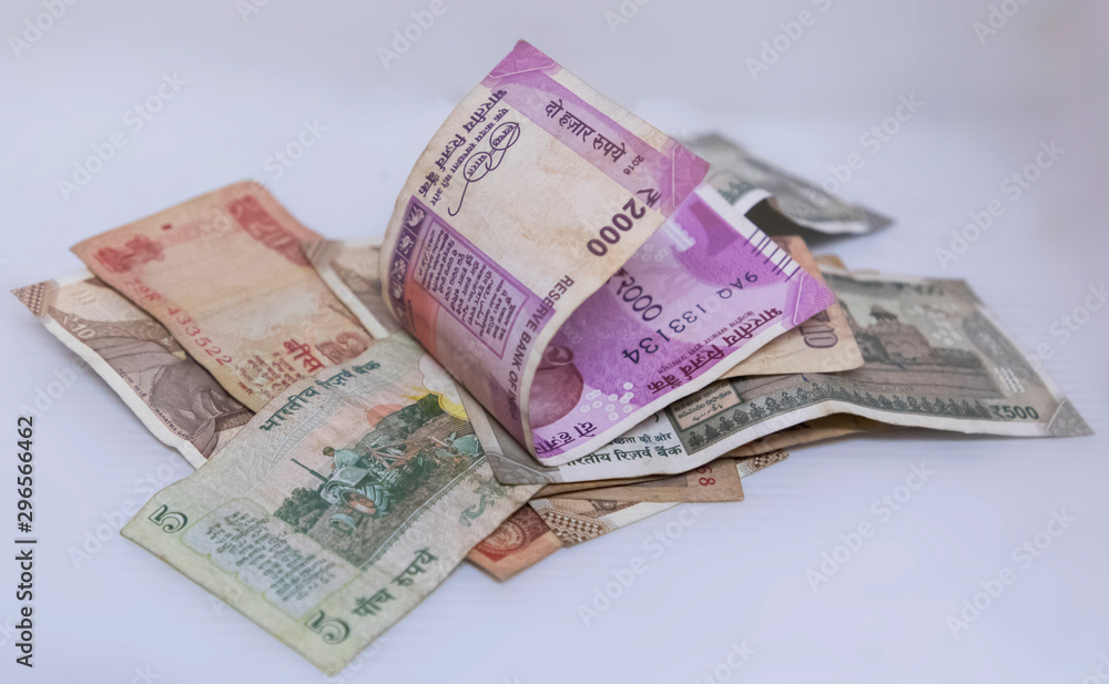Close up of Indian 2000 rupee notes, Indian currency note Folded on white background with space for text Close up of Indian 2000 rupee notes, Indian currency note Folded on white background with space for text
