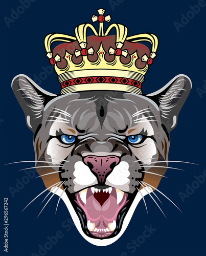 Vector portrait of an angry, grinning Puma, wild cat with a golden crown on his head