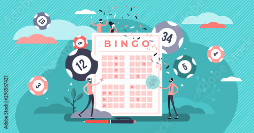 Lottery vector illustration. Flat tiny bingo game win luck persons concept.