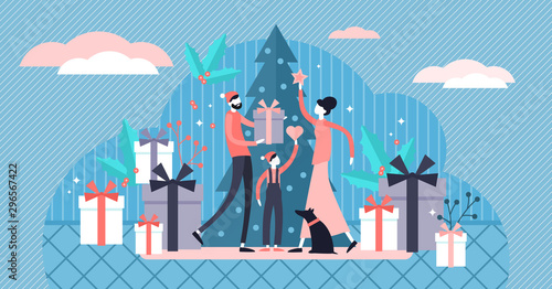 Flat tiny family Christmas vector illustration. Tiny winter persons concept