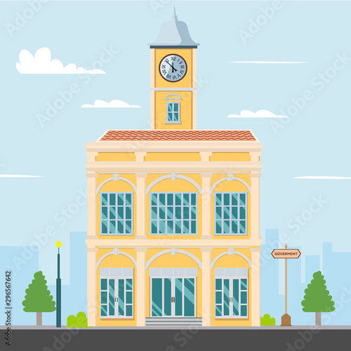 Vintage building vector illustration.Goverment buildings on street flat style.urban landscape design.Phuket Thailand building with cityscape