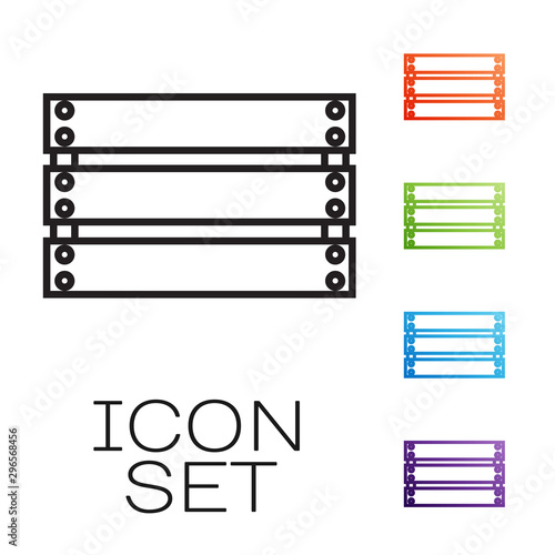 Black line Wooden box icon isolated on white background. Grocery basket, storehouse crate. Empty wooden container for vegetables, products. Set icons colorful. Vector Illustration
