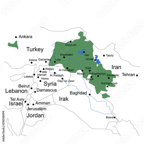 Location of Kurdistan on the map of the Middle East. Multi-layer map with borders and city names. Vector illustration.