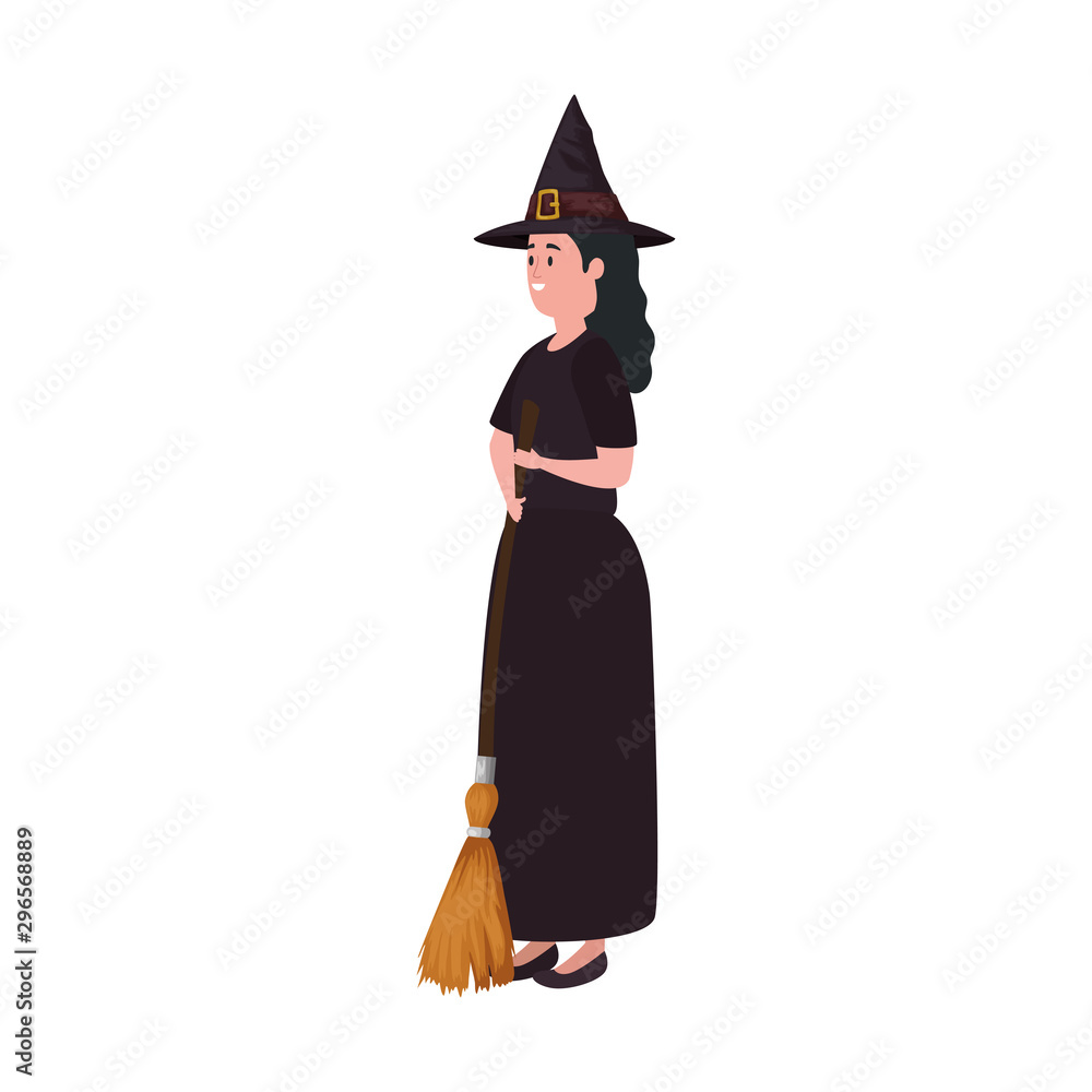 young woman disguised witch with broom vector illustration design