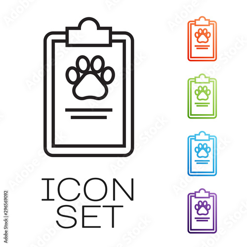 Black line Clipboard with medical clinical record pet icon isolated on white background. Health insurance form. Medical check marks report. Set icons colorful. Vector Illustration