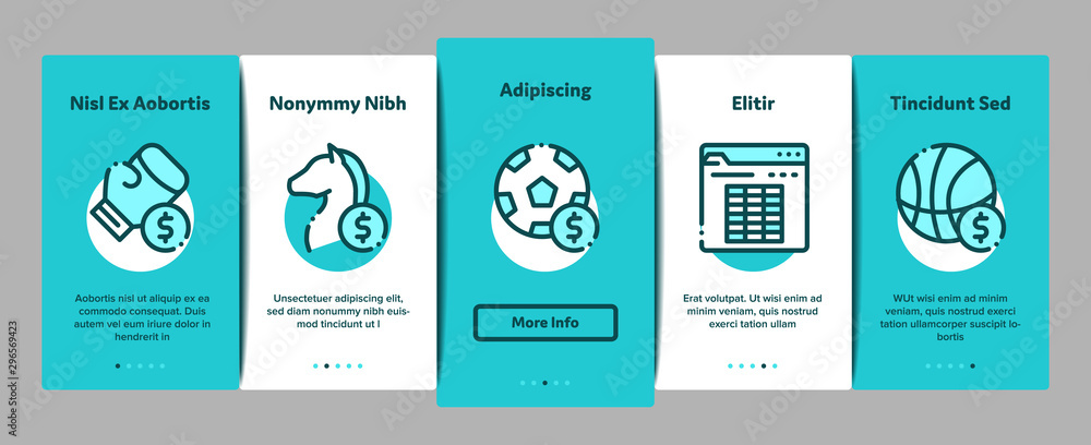 Betting And Gambling Onboarding Mobile App Page Screen Vector Thin Line. Basketball And Baseball, Hockey And Boxing, Horse Racing And Card Game Betting Concept . Illustrations
