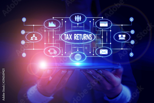 Text sign showing Tax Returns. Business photo showcasing Tax payer financial information Tax Liability and Payment report Woman wear formal work suit presenting presentation using smart device