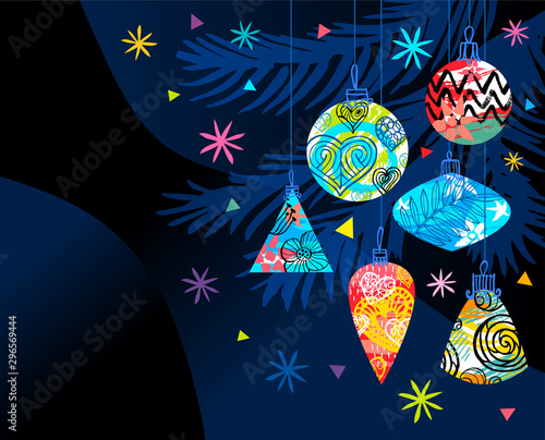 Christmas greeting cards background, New Year, Merry Christmas tree branches decoration. Seasons decoration design pattern, packaging, cover, banner. Hand drawn vector illustration.