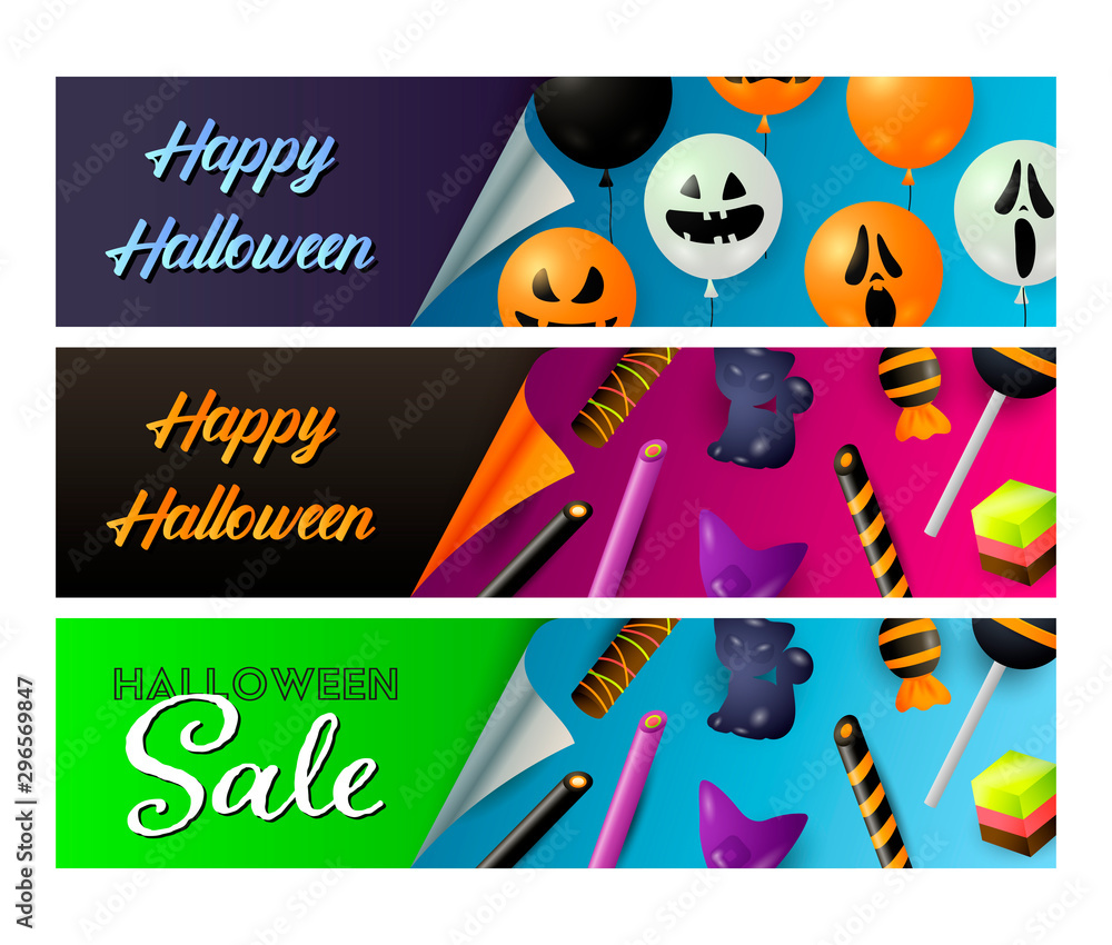 Halloween sale blue, black banner set with candies, balloons