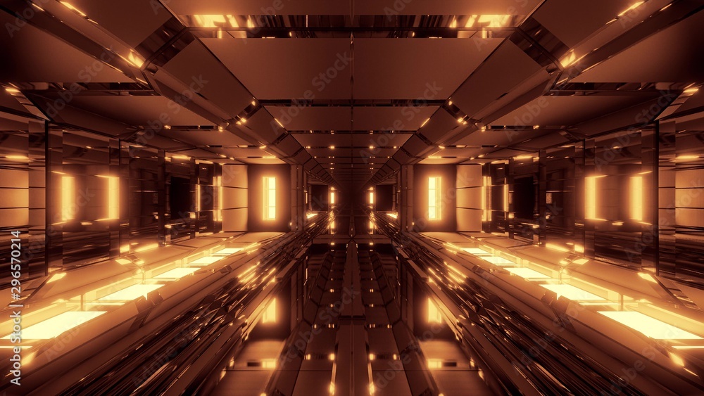 futuristic space hangar tunnel corridor with cool reflections and glass bottom 3d rendering wallpaper background