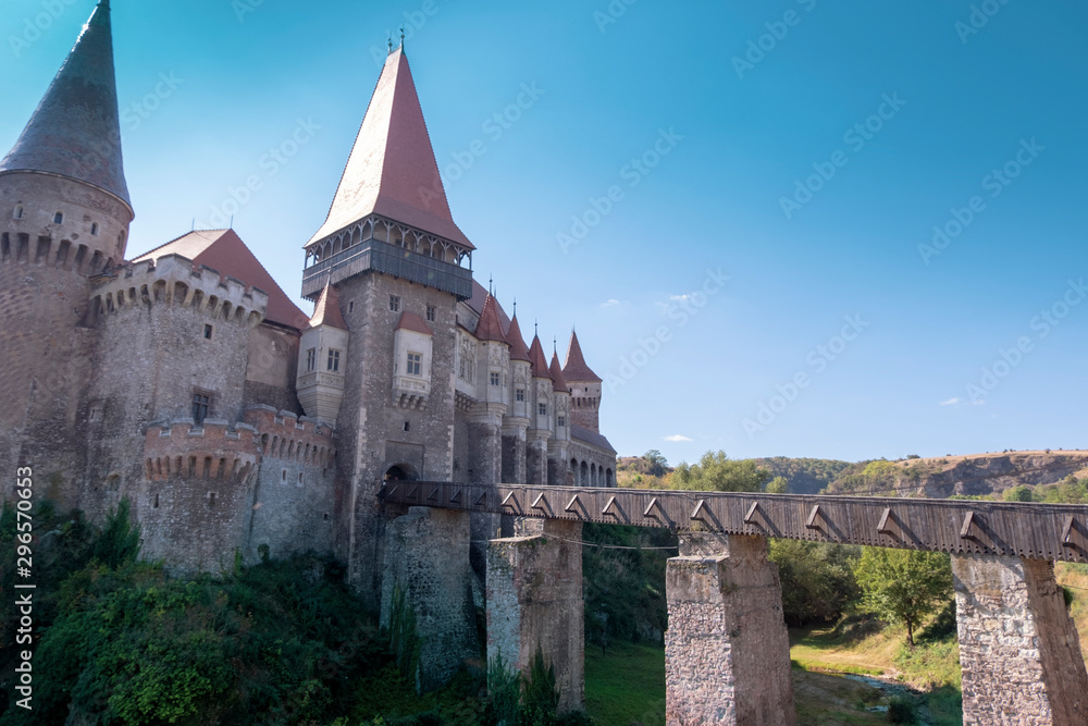 Corvin Castle or Hunyadi Castle and bridge in Hunedoara, Romania