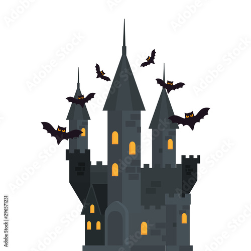 halloween haunted castle with bats flying vector illustration design