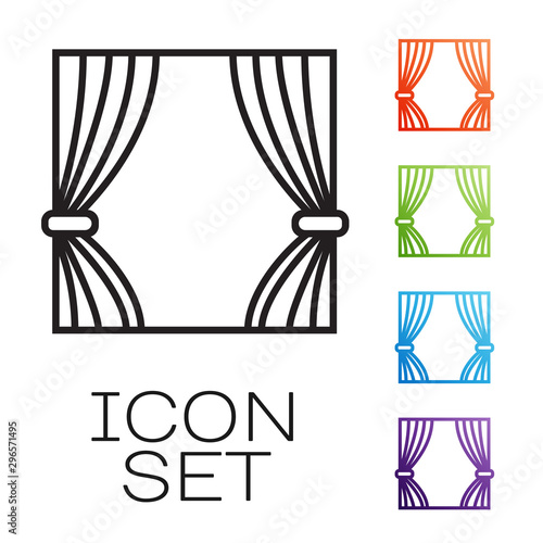 Black line Curtain icon isolated on white background. For theater or opera scene backdrop, concert grand opening or cinema premiere. Set icons colorful. Vector Illustration