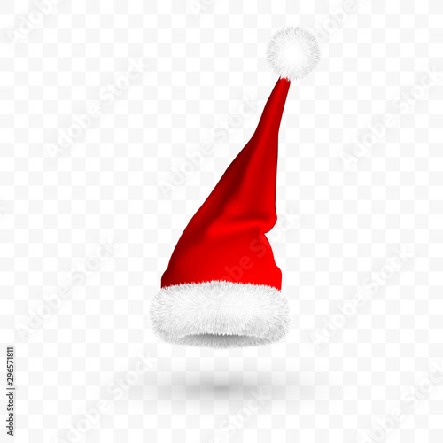 Red Santa Claus hat isolated on transparent background. Gradient mesh Santa Claus cap with fur. Vector illustration
