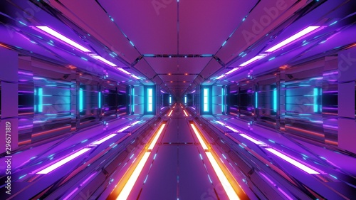 futuristic space hangar tunnel corridor with hot metal steal 3d rendering wallpaper background