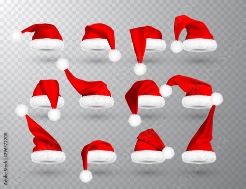 Red Santa Claus hat isolated on transparent background. Gradient mesh Santa Claus cap with fur. Vector illustration