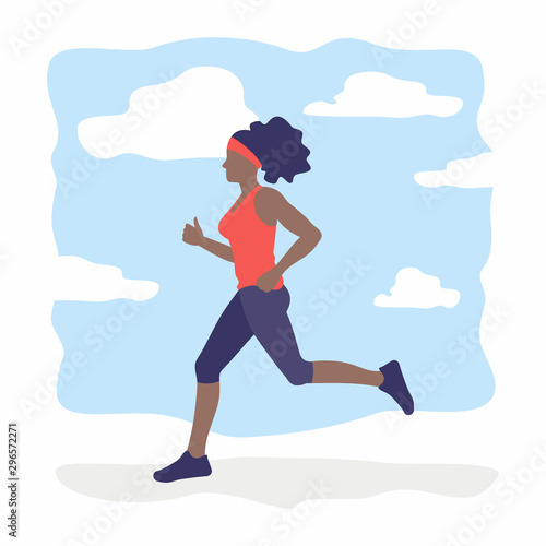 African-american woman running. Girl jogging outdoor. Sport and fitness illustration.