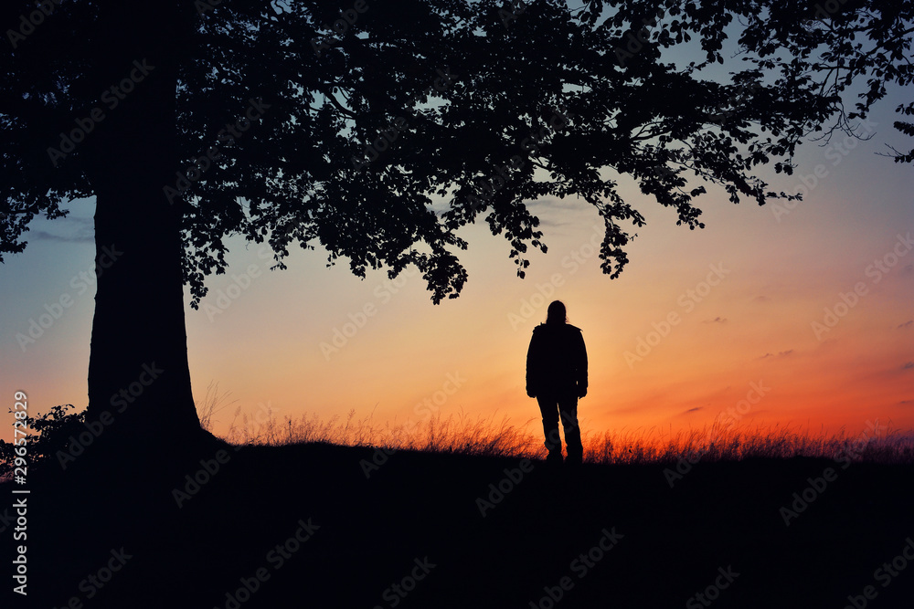 Woman silhouette standing under a tree at sunset