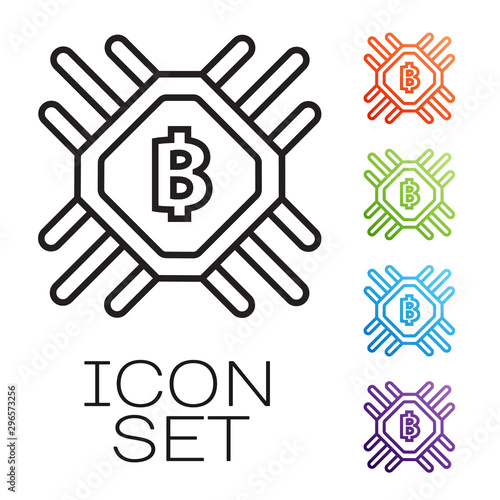 Black line CPU mining farm icon isolated on white background. Bitcoin sign inside processor. Cryptocurrency mining community. Digital money. Set icons colorful. Vector Illustration