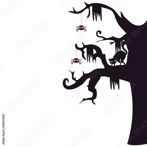 halloween haunted dry tree with spiders and cat black vector illustration design
