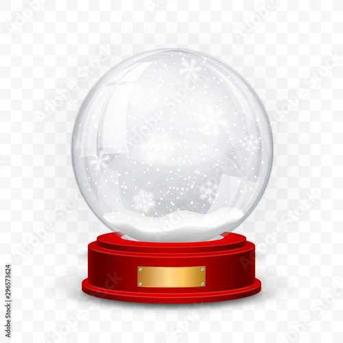 Snow globe ball. Realistic new year chrismas object isolated on transperent background with shadow. Vector illustration