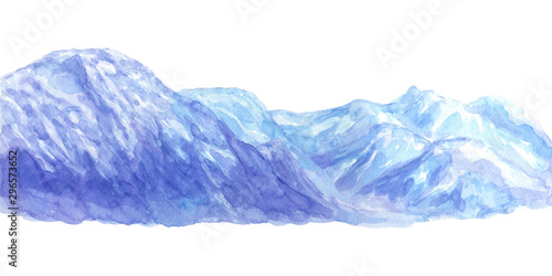 Mountain landscape panorama with winter snow blue shade on white background hand drawn watercolor painting © Kunrus