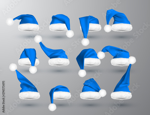 Blue Santa Claus hat isolated on gray background. Gradient mesh Santa Claus cap with fur. Vector illustration