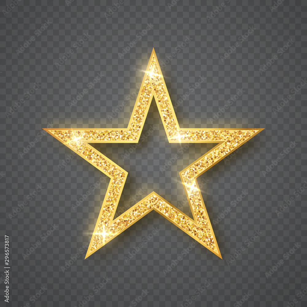 Gold shiny glitter glowing star on gray transparent background. Vector illustration Gold shiny glitter glowing star on gray transparent background. Vector illustration