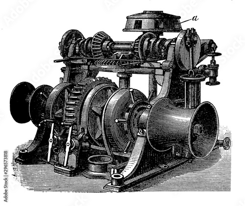 Canvas Print Maritime transport: steam engine driving a capstan drum through a wheel gearing
