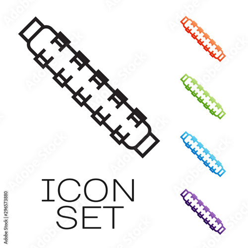 Black line Hunting cartridge belt with cartridges icon isolated on white background. Bandolier sign. Hunter equipment, armament. Set icons colorful. Vector Illustration