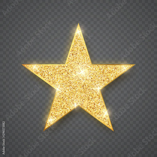 Gold shiny glitter glowing star on gray transparent background. Vector illustration