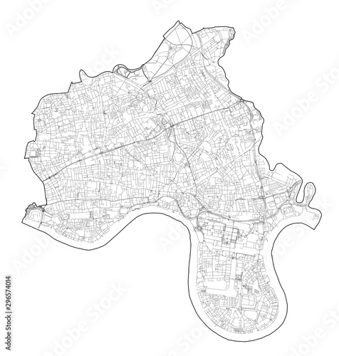 Satellite view of the London boroughs, map and streets of Tower Hamlets borough. England