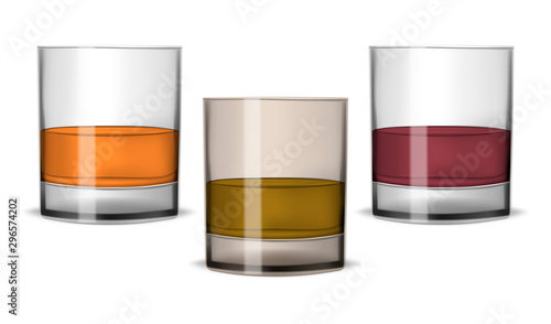 Clear drinking glasses filled with beverages isolated on white background, vector illustration. Transparent short glass tumbler with drink set