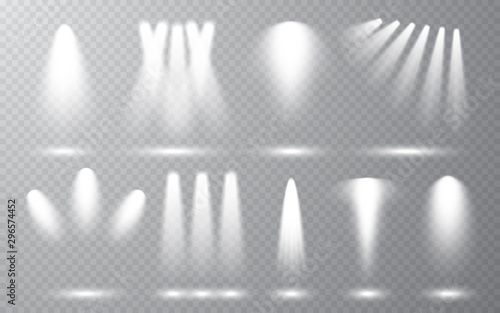 Spotlight set collection on transparent bakground. Light effect. Bright light beam. Vector illustration