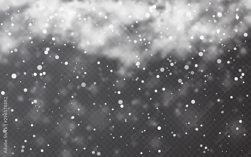 Snow with snowflakes and clouds on transparent background. Falling snow effect. Christmas snow. Snowfall. Vector illustration Snow with snowflakes and clouds on transparent background. Falling snow effect. Christmas snow. Snowfall. Vector illustration