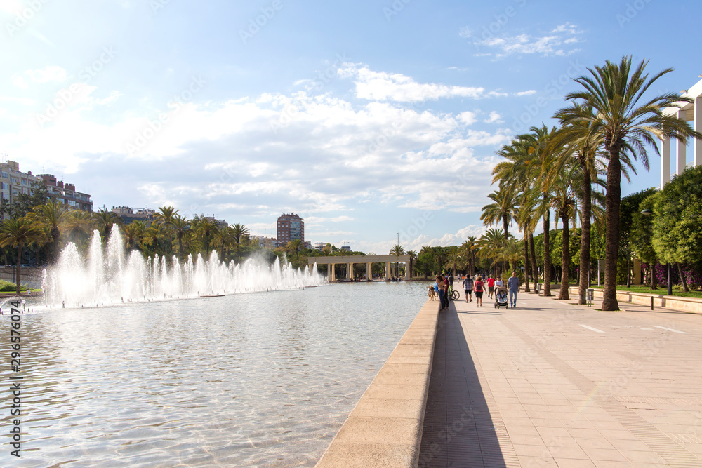 View of turia gardens situated in the spanish city Valencia. Valencia, Spain. Beautiful park in Europe
