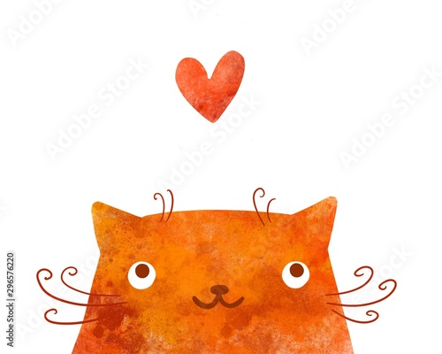 Valokuva Cute watercolor red cat in love. Cat on white background